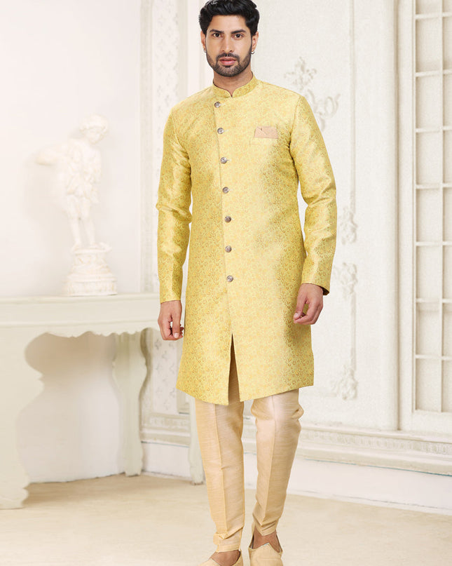Lime Yellow Banarasi Jacquard Semi Indo Western