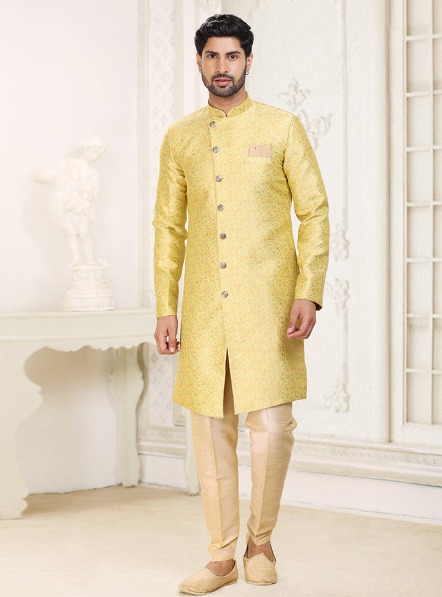 Lime Yellow Banarasi Jacquard Semi Indo Western