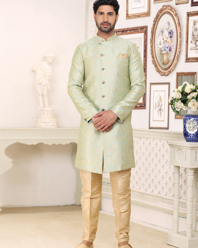 Ice Mint Banarasi Jacquard Semi Indo Western