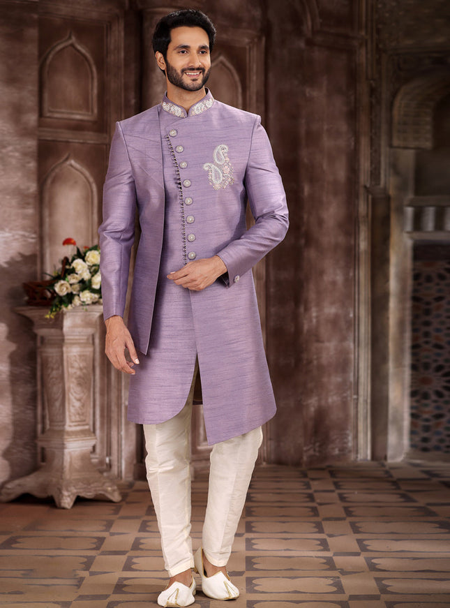 Lilac Art Silk Men Sherwani