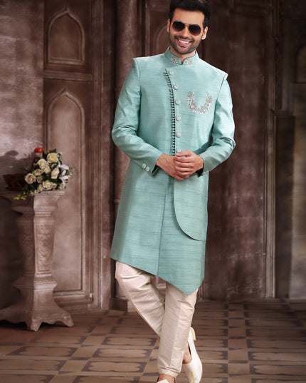 Mint Blue Art Silk Men Sherwani