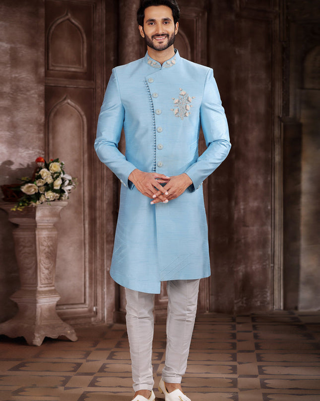 Sky Blue Art Silk Men Sherwani