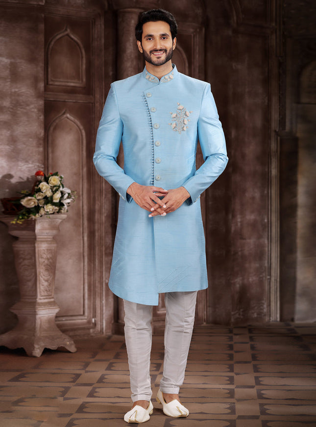 Sky Blue Art Silk Men Sherwani