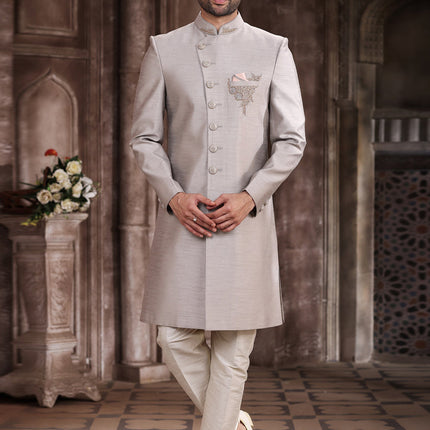 Ash Grey Art Silk Men Sherwani
