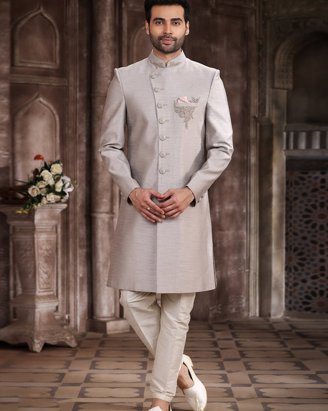 Ash Grey Art Silk Men Sherwani