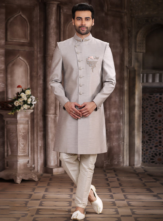 Ash Grey Art Silk Men Sherwani