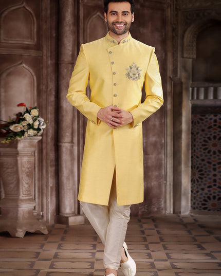 Lemon Yellow Art Silk Men Sherwani