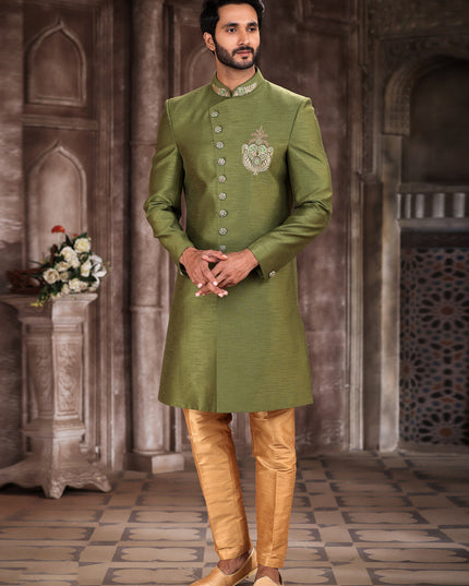 Olive Green Art Silk Men Sherwani