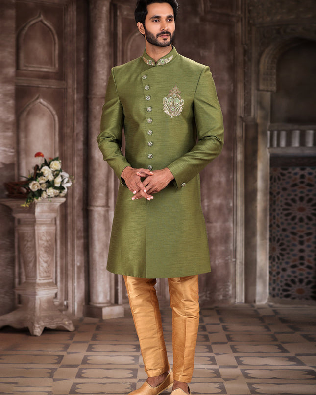 Olive Green Art Silk Men Sherwani