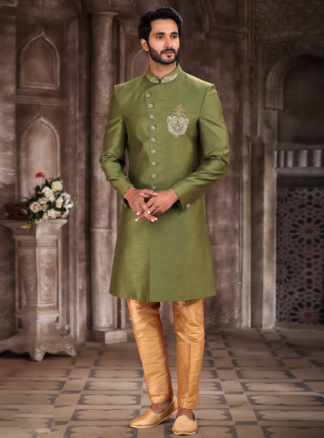 Olive Green Art Silk Men Sherwani