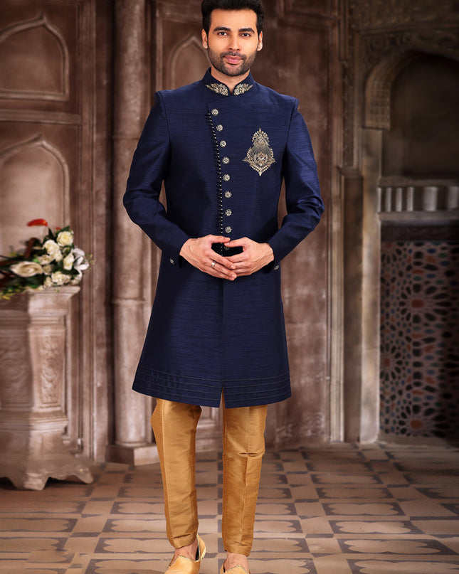 Navy Blue Art Silk Men Sherwani