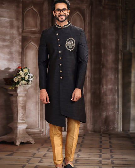 Black Art Silk Men Sherwani