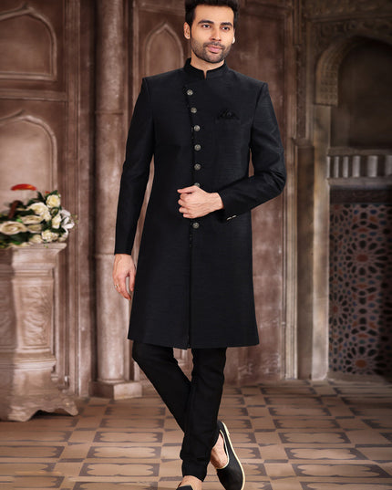 Black Art Silk Men Sherwani