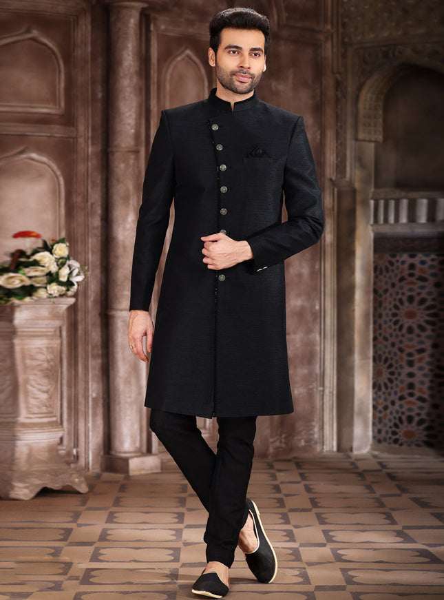 Black Art Silk Men Sherwani