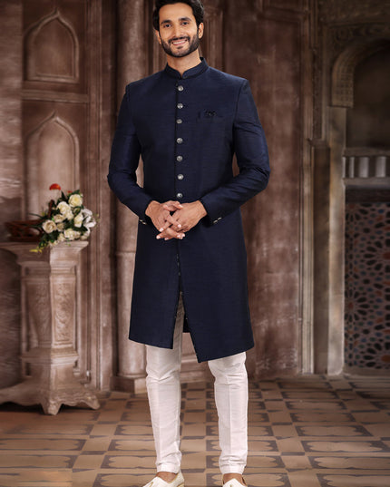 Midnight Blue Art Silk Men Sherwani