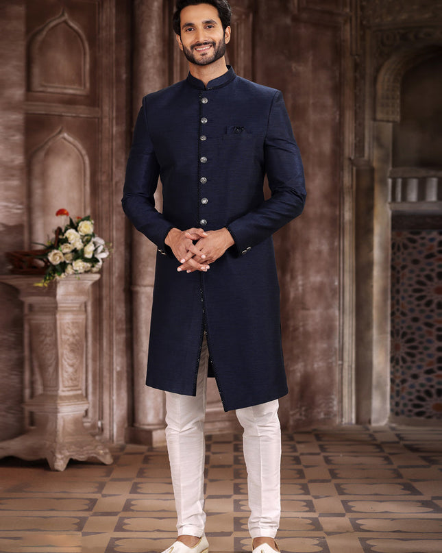 Midnight Blue Art Silk Men Sherwani