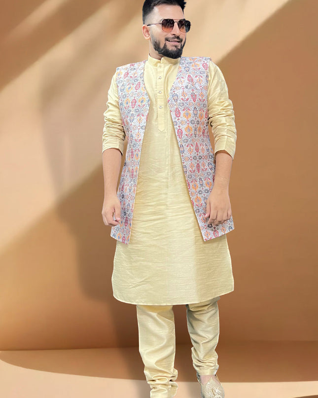 Cream Silk Kurta Set with Grey Jacket
