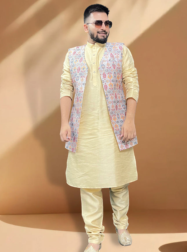 Cream Silk Kurta Set with Grey Jacket