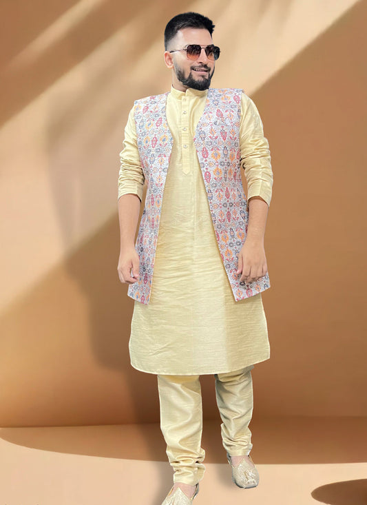 Cream Silk Kurta Set with Grey Jacket