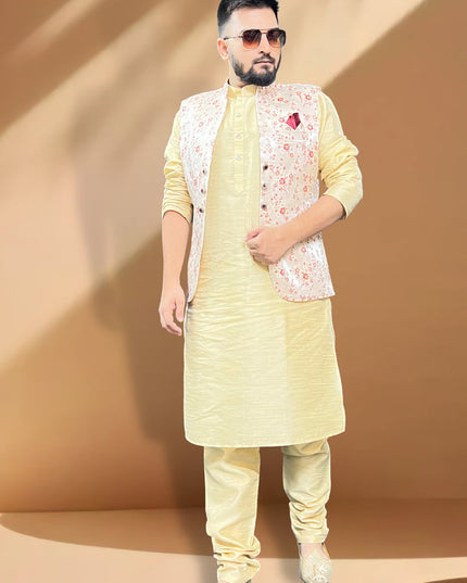 Cream Silk Kurta Set with Cream Jacket