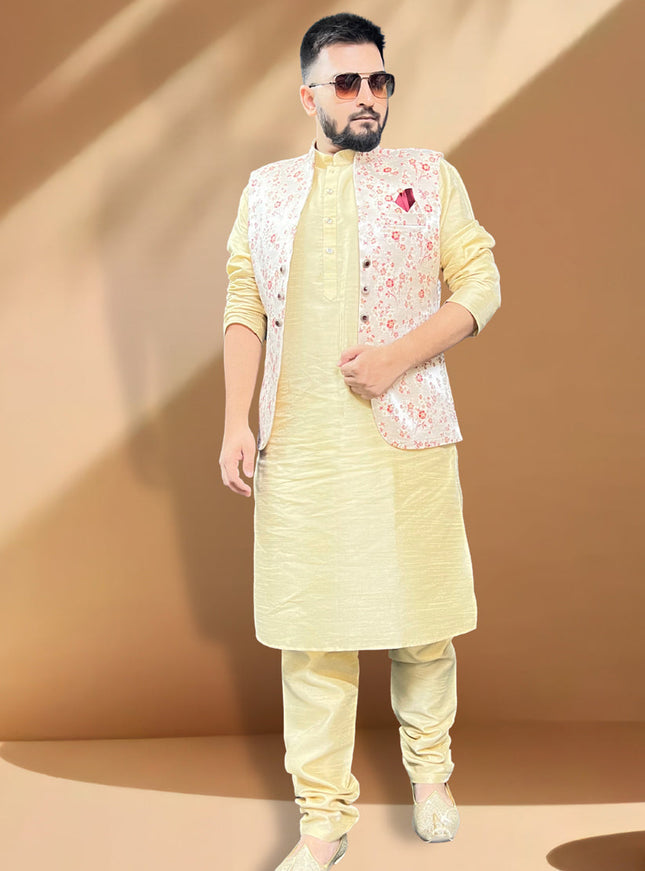 Cream Silk Kurta Set with Cream Jacket