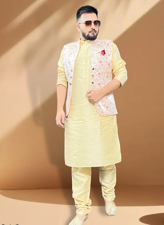 Cream Silk Kurta Set with Cream Jacket