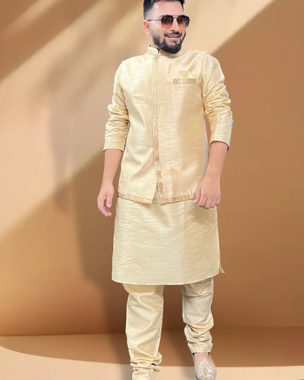 Cream Silk Kurta Set with Cream Jacket