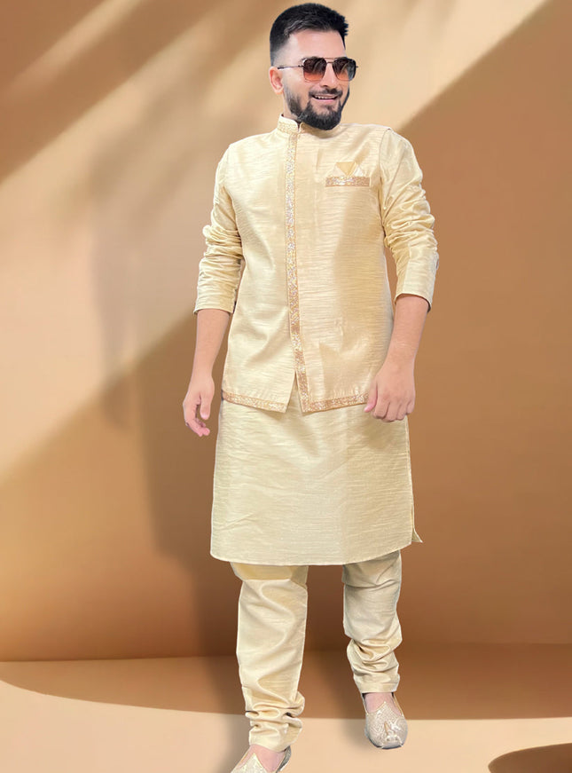 Cream Silk Kurta Set with Cream Jacket