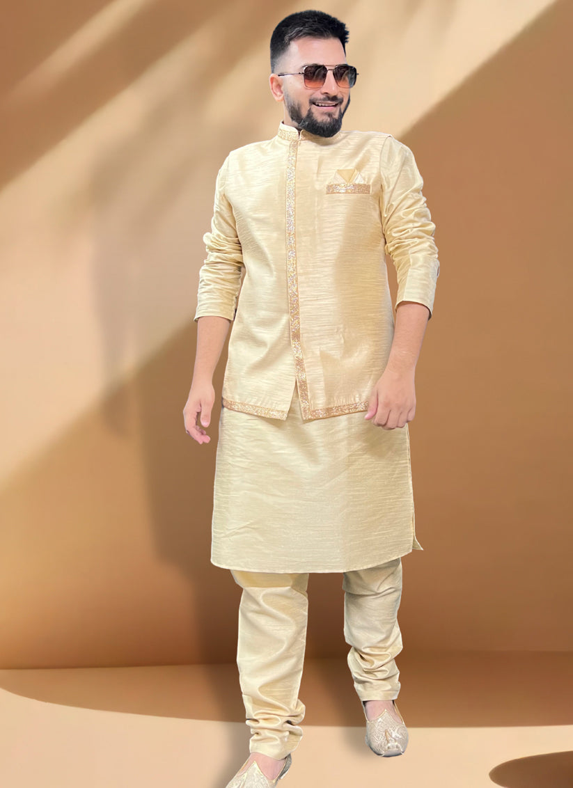 Cream Silk Kurta Set with Cream Jacket