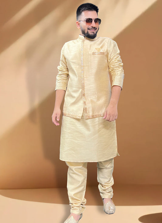 Cream Silk Kurta Set with Cream Jacket