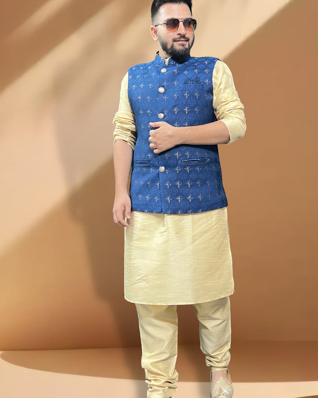 Cream Silk Kurta Set with Blue Jacket