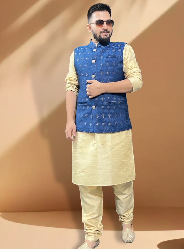 Cream Silk Kurta Set with Blue Jacket