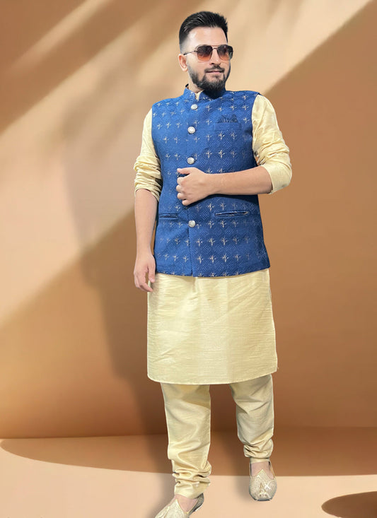 Cream Silk Kurta Set with Blue Jacket