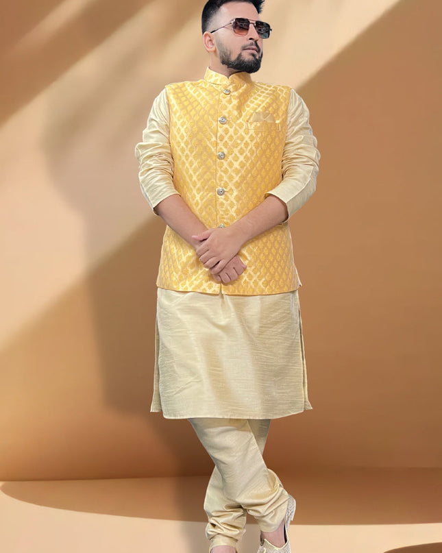 Cream Silk Kurta Set with Yellow Jacket