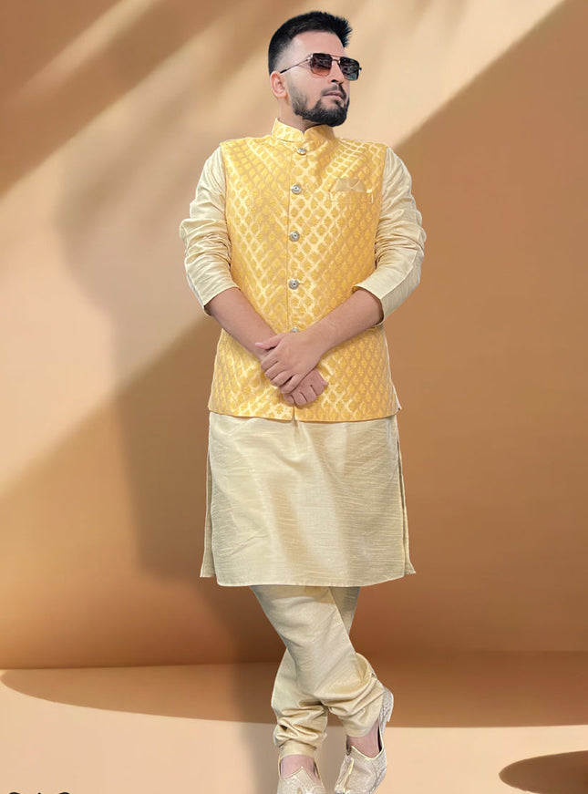 Cream Silk Kurta Set with Yellow Jacket