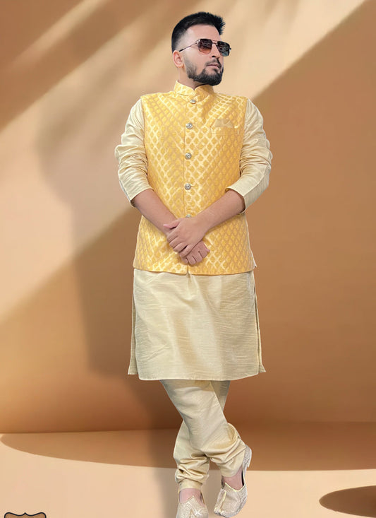 Cream Silk Kurta Set with Yellow Jacket