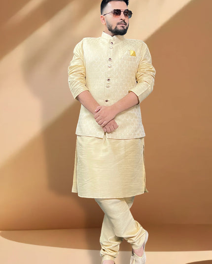 Cream Silk Kurta Set with Cream Jacket