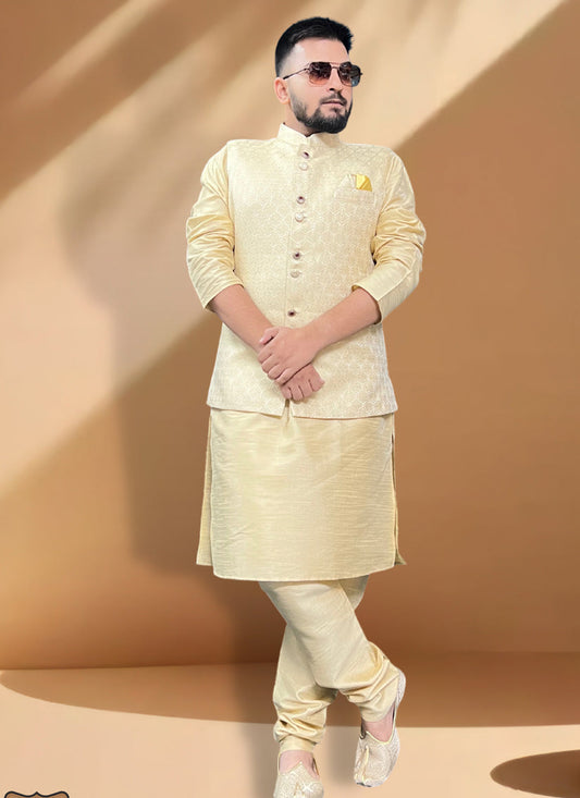 Cream Silk Kurta Set with Cream Jacket