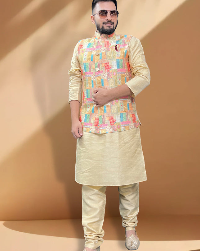 Cream Silk Kurta Set with Multicolor Jacket