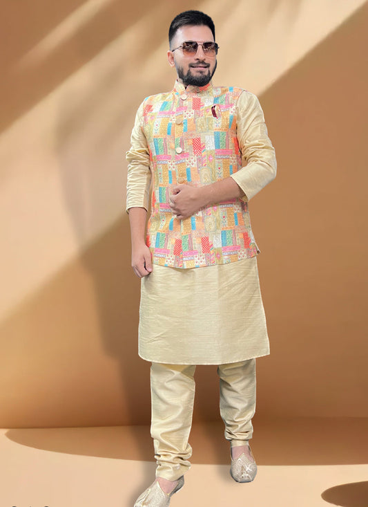 Cream Silk Kurta Set with Multicolor Jacket