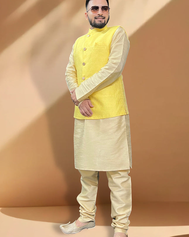 Cream Silk Kurta Set with Yellow Jacket