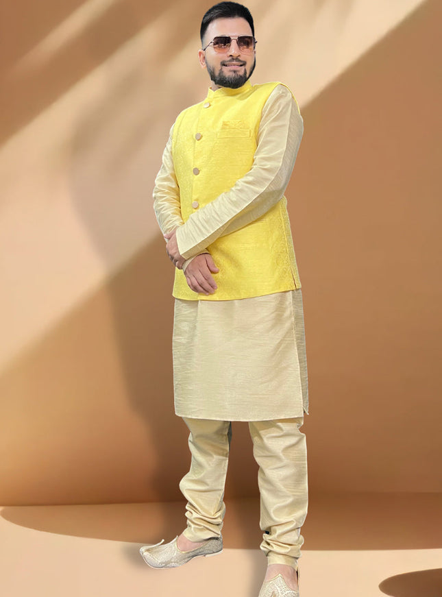 Cream Silk Kurta Set with Yellow Jacket