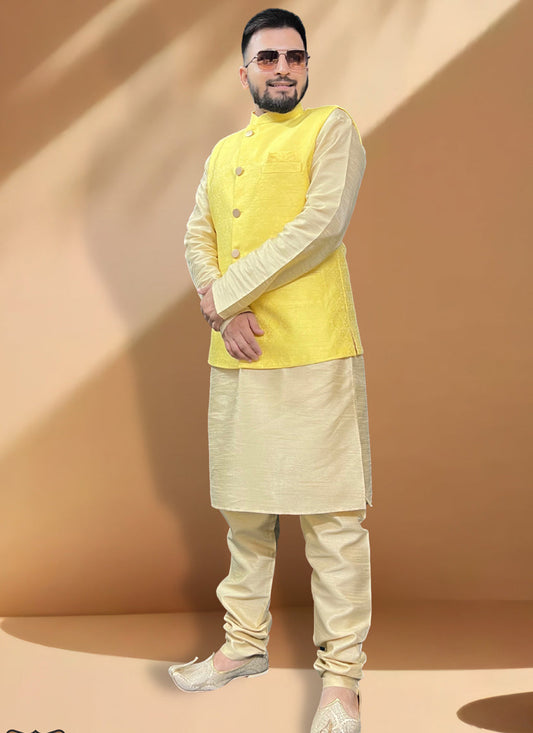 Cream Silk Kurta Set with Yellow Jacket