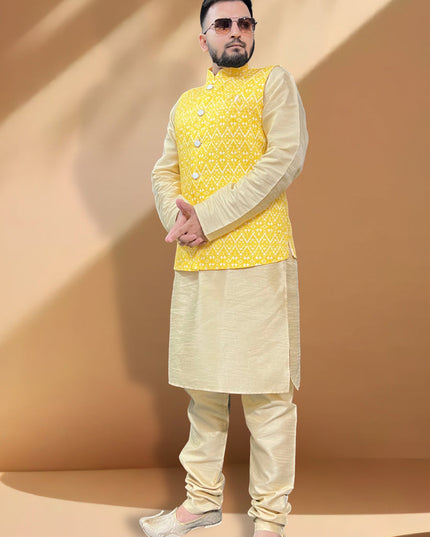 Cream Silk Kurta Set with Yellow Jacket