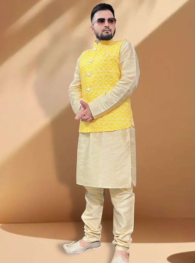 Cream Silk Kurta Set with Yellow Jacket