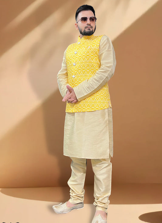 Cream Silk Kurta Set with Yellow Jacket