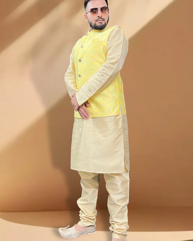Cream Silk Kurta Set with Yellow Jacket