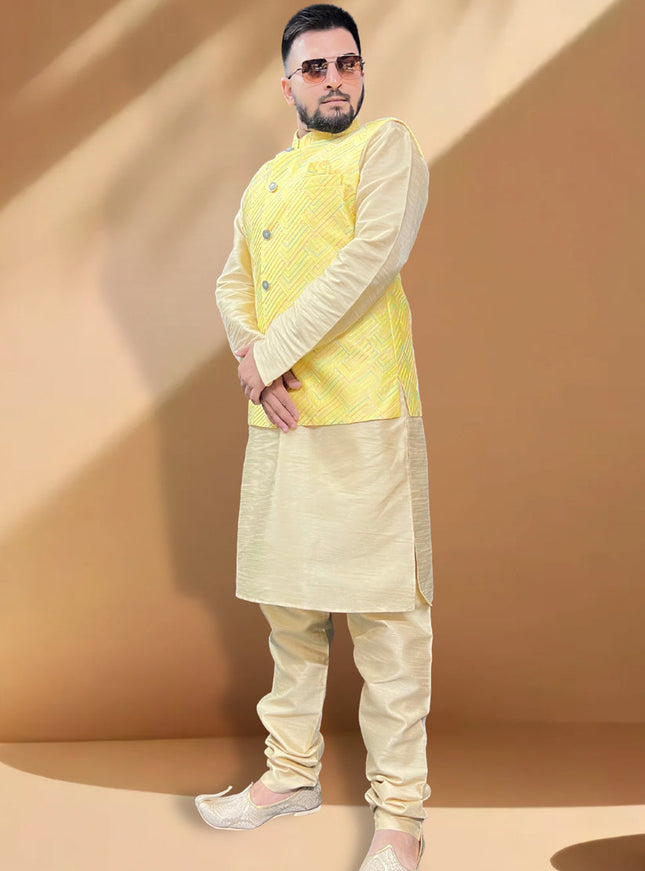Cream Silk Kurta Set with Yellow Jacket