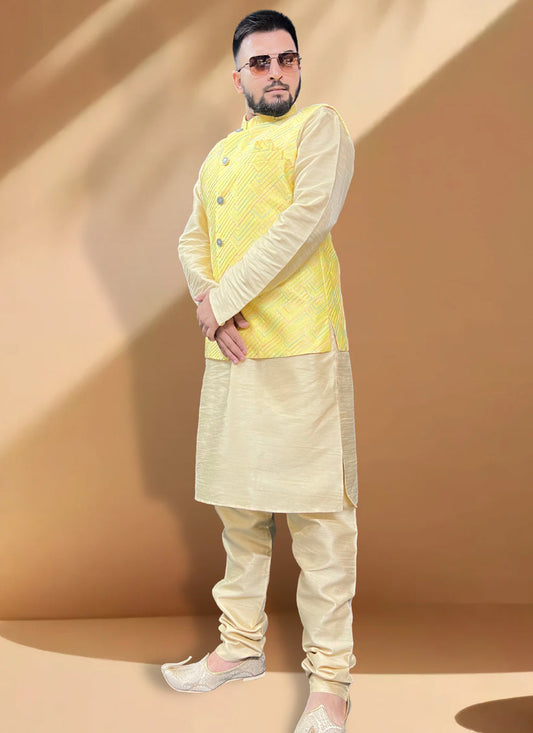 Cream Silk Kurta Set with Yellow Jacket