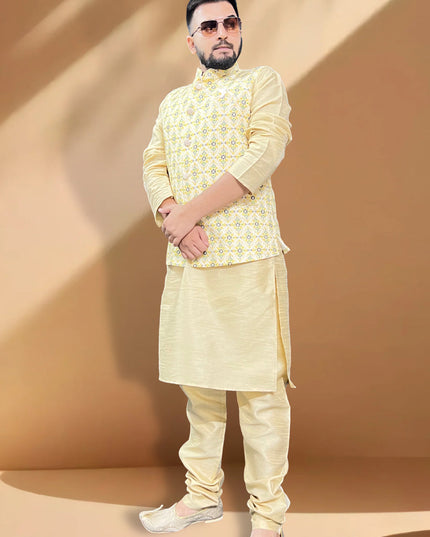 Cream Silk Kurta Set with Yellow Jacket